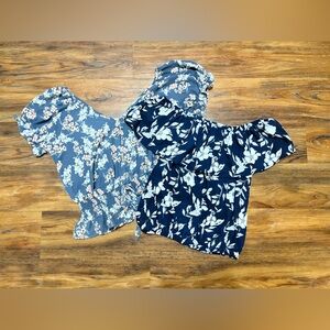 Set of 2 Sienna Sky Blouses Floral Navy / Slate Blue Cinched Waist - Size M/L